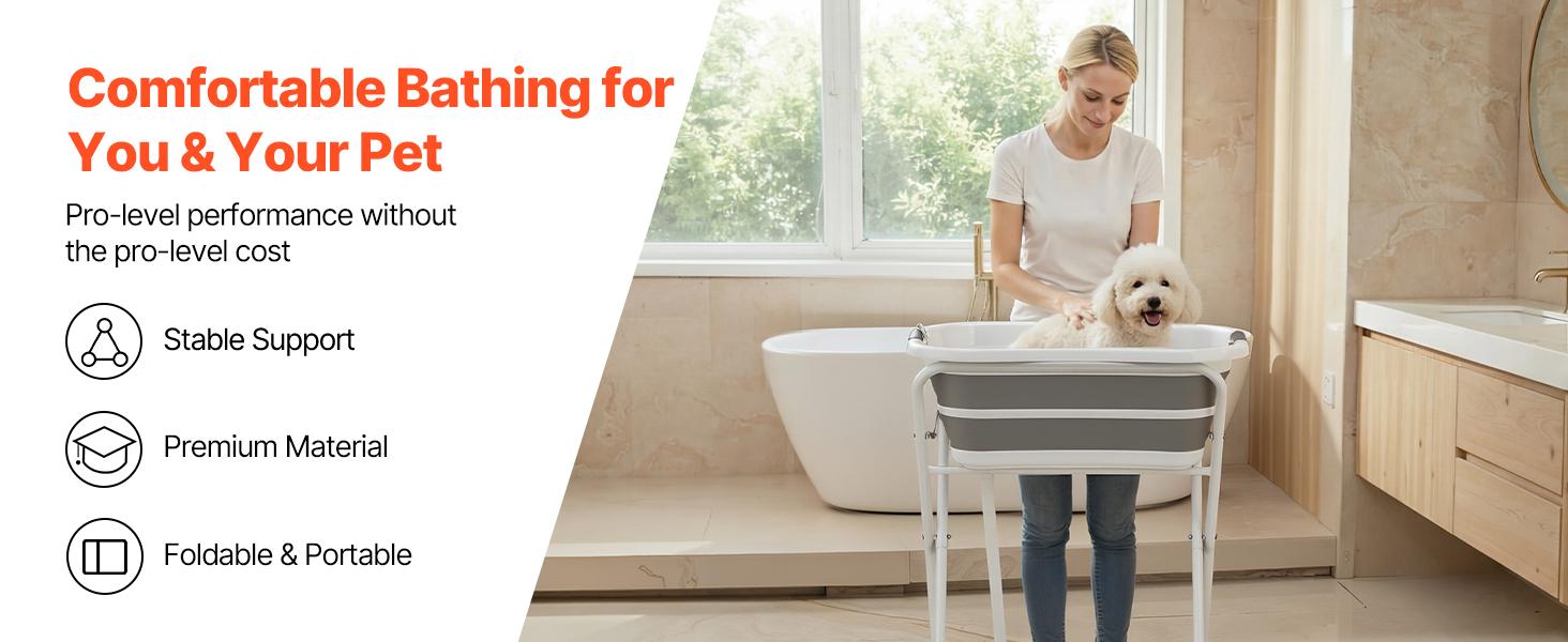 VEVOR Dog Bathtub, Elevated Dog Bath Tub, 2 in 1 Collapsible Pet Bathing Grooming Wash Station, Portable Foldable Space-saving, Built-in Drain Outlet with Drain Hose for Small Pet Cat, Gray White