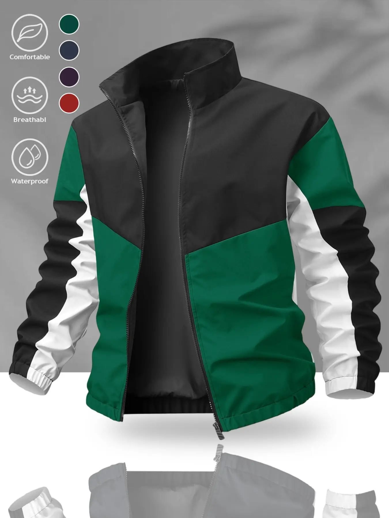 Men's Geometric Patchwork Stand Collar Jacket, Long Sleeve Loose-Fit, Pull-On Closure, Casual All-Season Outerwear, Windproof and Warm