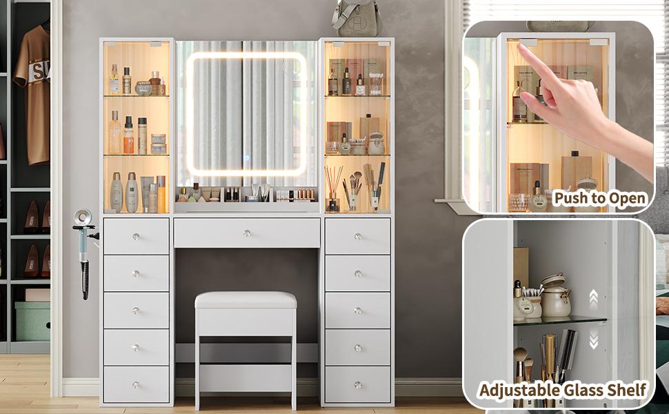 FUSOU 11 Drawers Makeup Vanity with Charging Station【Shipping By 2 Packages】Vanity Desk with LED Mirror & 2 Glass Cabinet, 3 Color Modes, Brightness Adjustable, Glass Top, Dressing Table with Chair for Bedroom (11 Drawers)