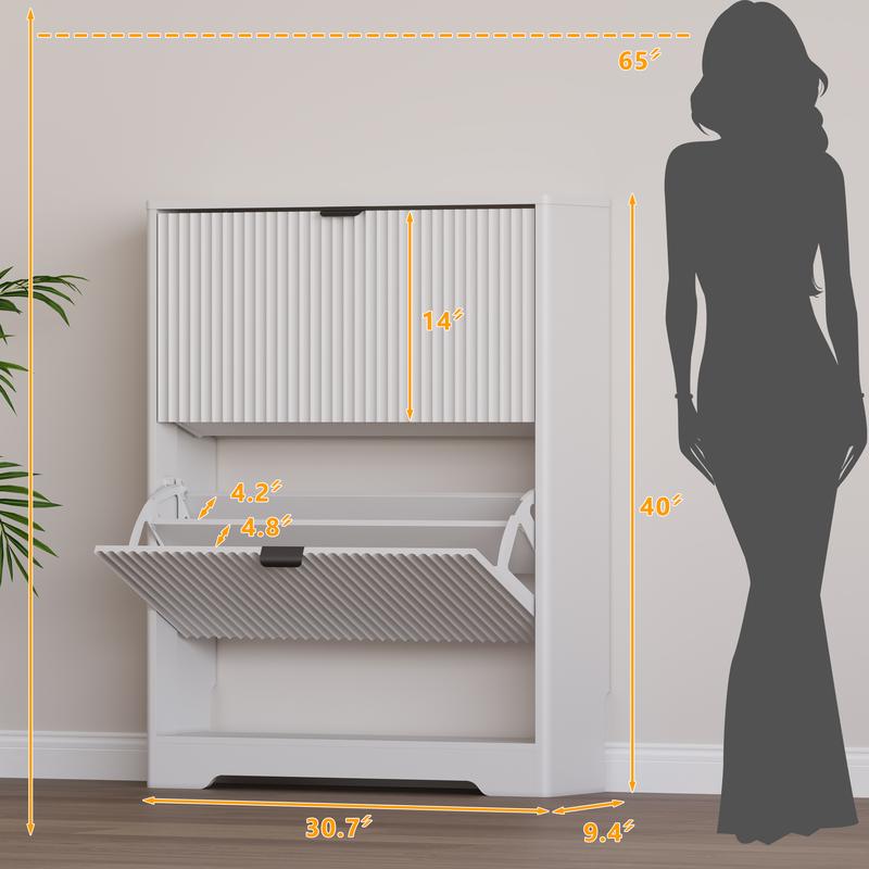 Shoe Cabinet Storage for Entryway with 2 Flip Drawers, Black Fluted Shoe Cabinet with Open Storage, Wooden Hidden Shoe Rack Freestanding Narrow Slim Shoes Organizer for Hallway, Entrance