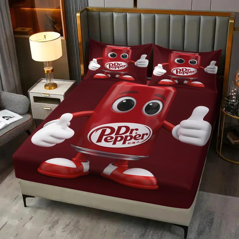 Dr Pepper Brand Full Print Fitted Sheet Set, 1 Fitted Sheet and 2 Pillowcases, Wine Red Color Base, Soft Skin-Friendly, Dustproof Anti-Wrinkle, Decorative Bedsheet Sets, Trendy Bedroom Decor for Boys and Girls