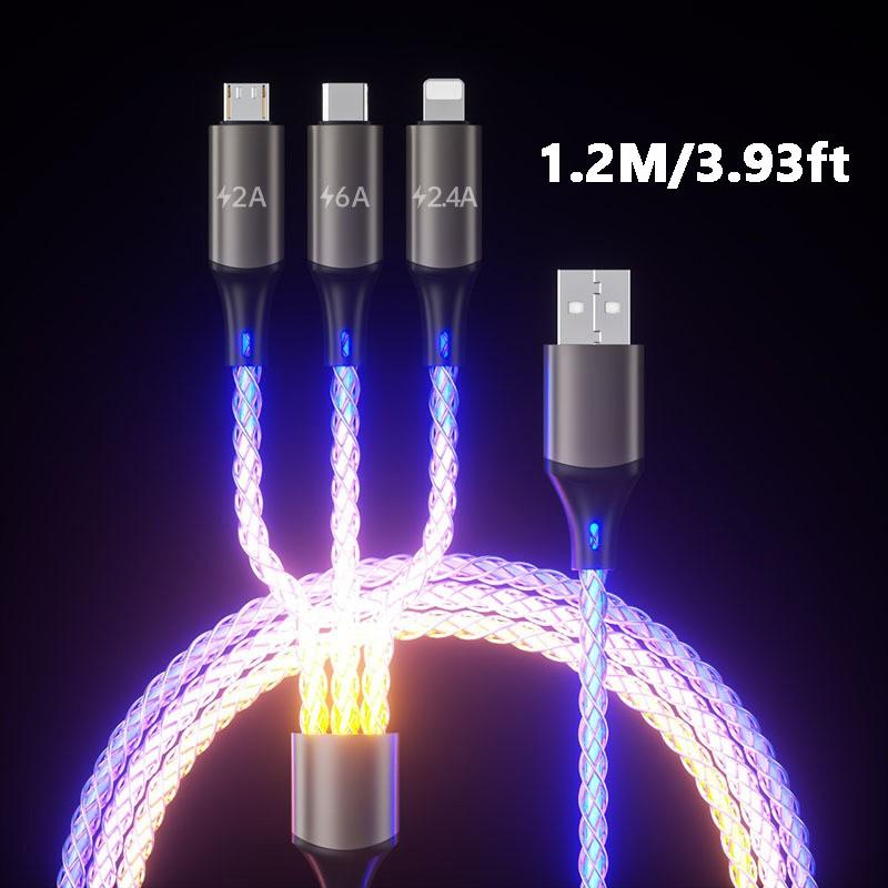 RGB Flow Data Cable 66w Fast Charging, 3-In-1 Car Charger with Ambient Breathing Light, Universal Vehicle USB-C Cable