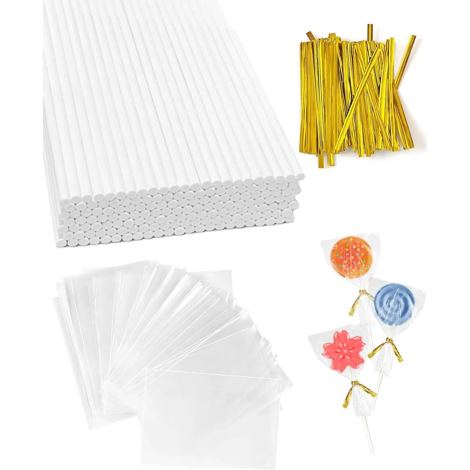 300Pcs Cake Pop Sticks and Wrappers, 6-inch 3.5mm Thick Paper Lollipop Sticks, CHELIZIYA Cakepop Packing Kit for Candy, Chocolate with 100 Sticks, 100 Traet Bags, 100 Twist Ties (Gold Ties)