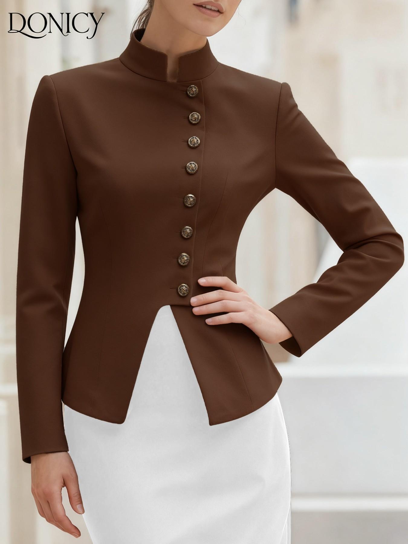 Women's Autumn Winter Solid Color Stand Collar Button Short Coat, Classic Retro Elegant British Style Outwear, Perfect for Casual Dates Business and Graduation