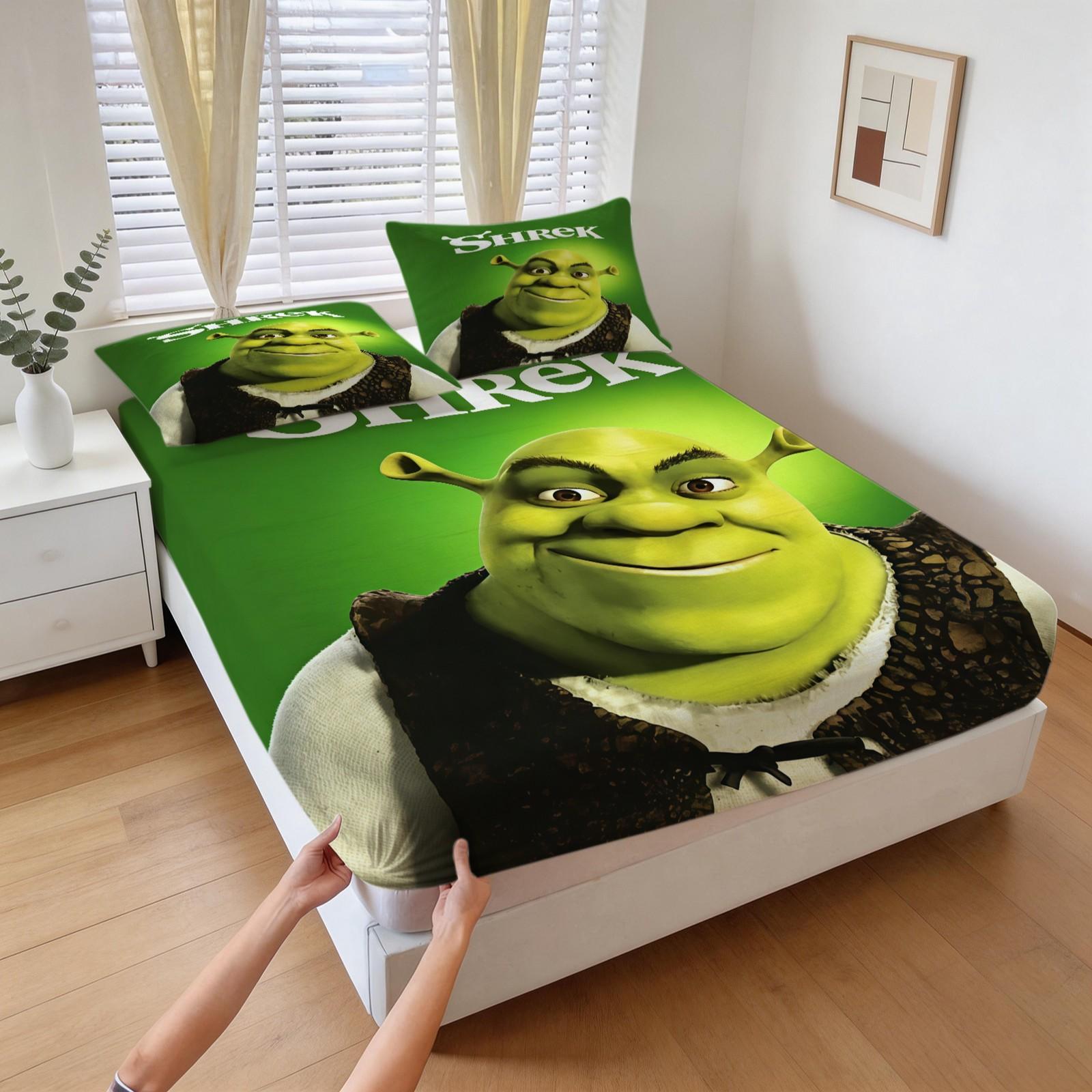 3-Piece Shrek Pattern Fitted Sheet Set, Soft And Durable Bedding Set Including 1 Flat Sheet And 2 Pillowcases, Daily Holiday Birthday Gift Bedroom Decorations For Kids And Adults