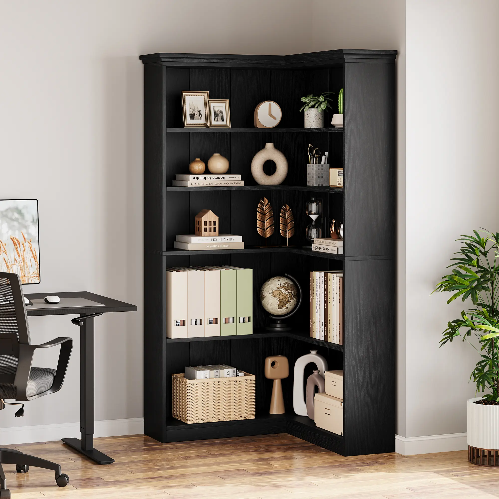 Corner Bookshelf 72.8" Farmhouse L-Shaped 5-Tier Tall Bookcase Display Rack Black