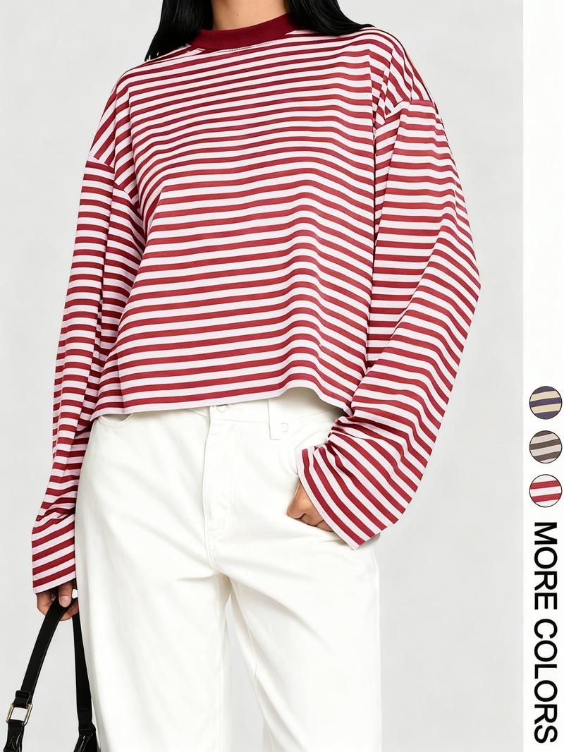 Valentine's Day Women's Minimalist Striped Casual Long Sleeve Sweatshirt Top, Loose-Fit Kint Fabric, All Seasons Wear, Moderate Thickness