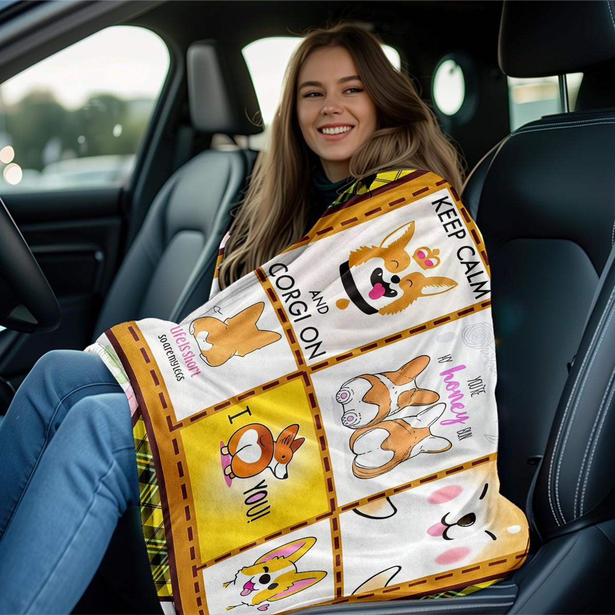 Cute Corgi Patchwork Flannel Blanket, Multifunctional Camping Travel Throw, Room Decoration Blanket, All Seasons Gift Blanket