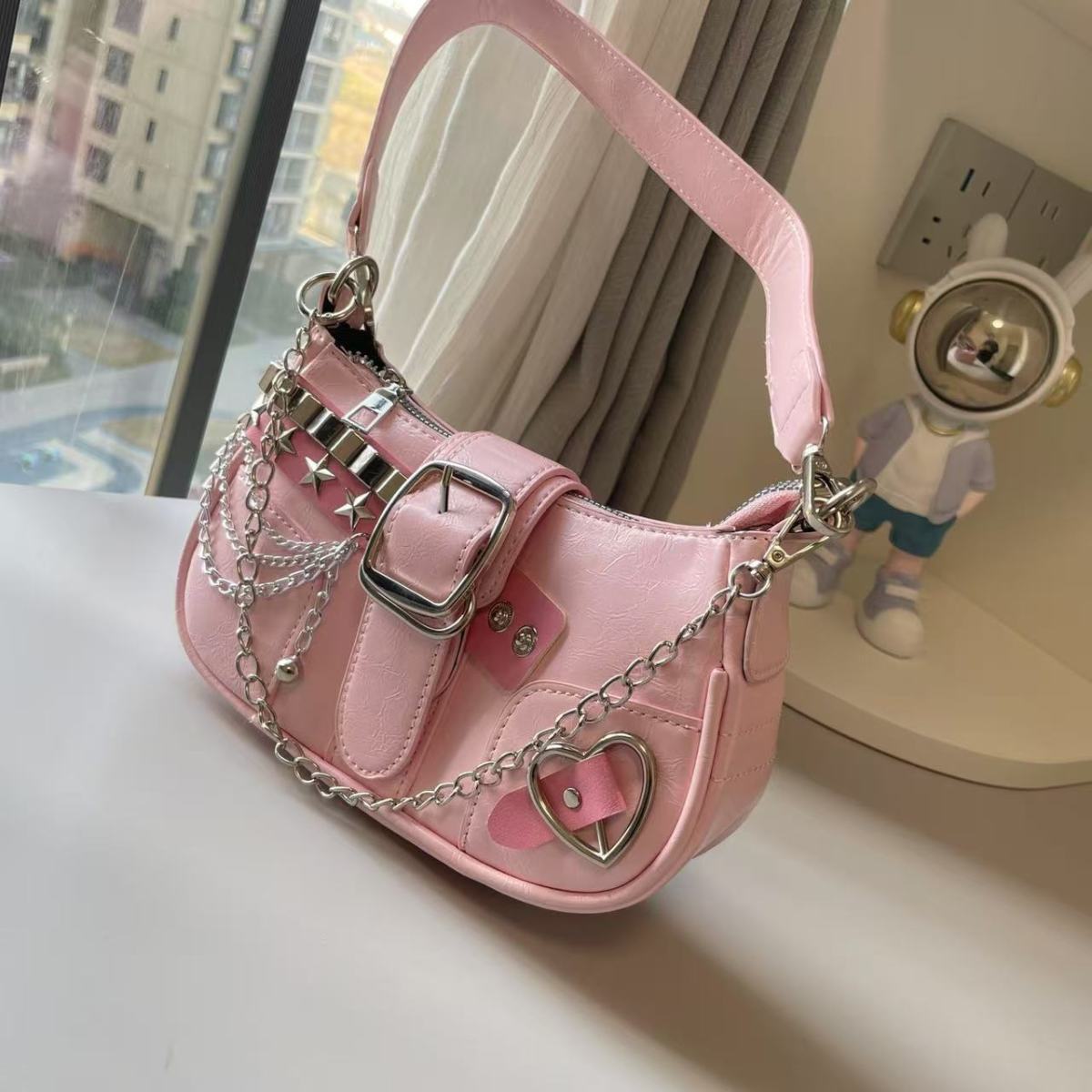 Fashion Hot Girls Square Shoulder Bags Retro Rivet Star Women's Underarm Bag Sweet Pu Leather Female Chain Handbags Pink Purse