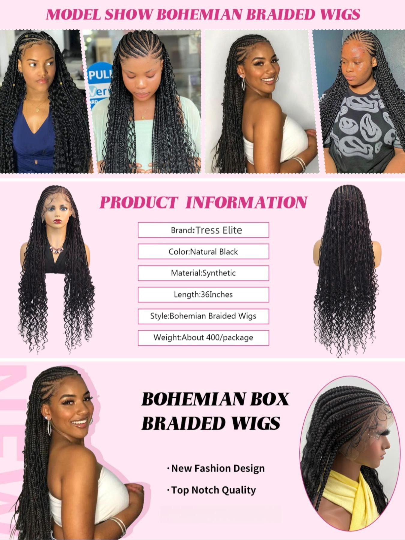 Boho Style 36 Inch Braided Wigs for Women, HD Full Lace Side Part, Synthetic Heat Resistant Fiber, Handmade Braids for Daily Wear