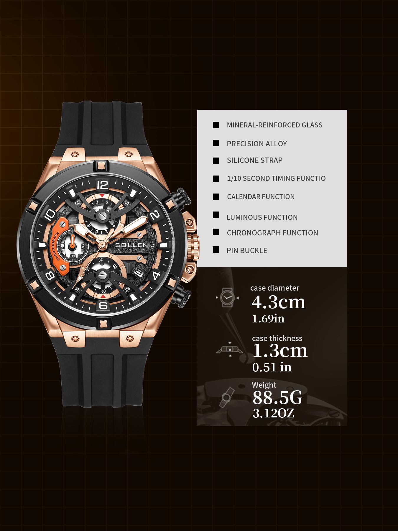 SOLLEN Men's Sports Chronograph Watch Large Dial Date Multi-Function Quartz Water-Resistant Silicon Strap Luminous Waterproof Gift for Birthday Boyfriend Husband Valentine's Day Father's Day Wedding 720