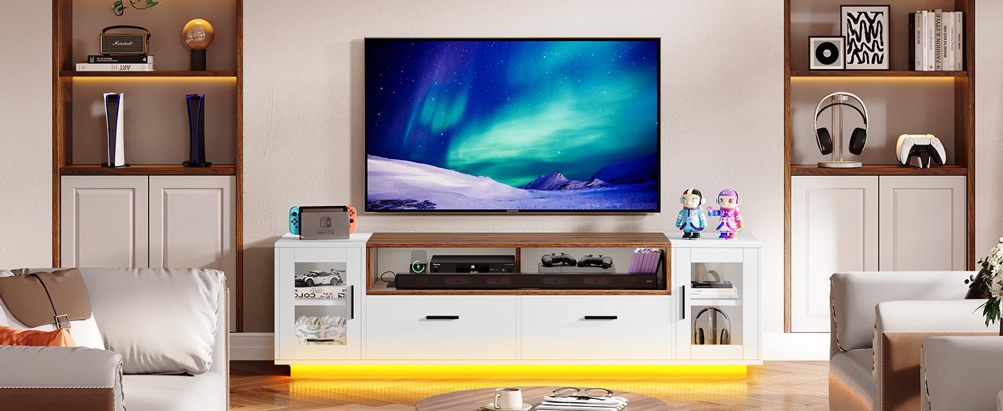 DWVO LED Modern TV Stand for 70+ Inch TV w/Outlets & USB Ports, Entertainment Center w/Doors, 2 Storage Drawers, Wood Media Console Cabinet w/Adjustable Shelf for 300lbs