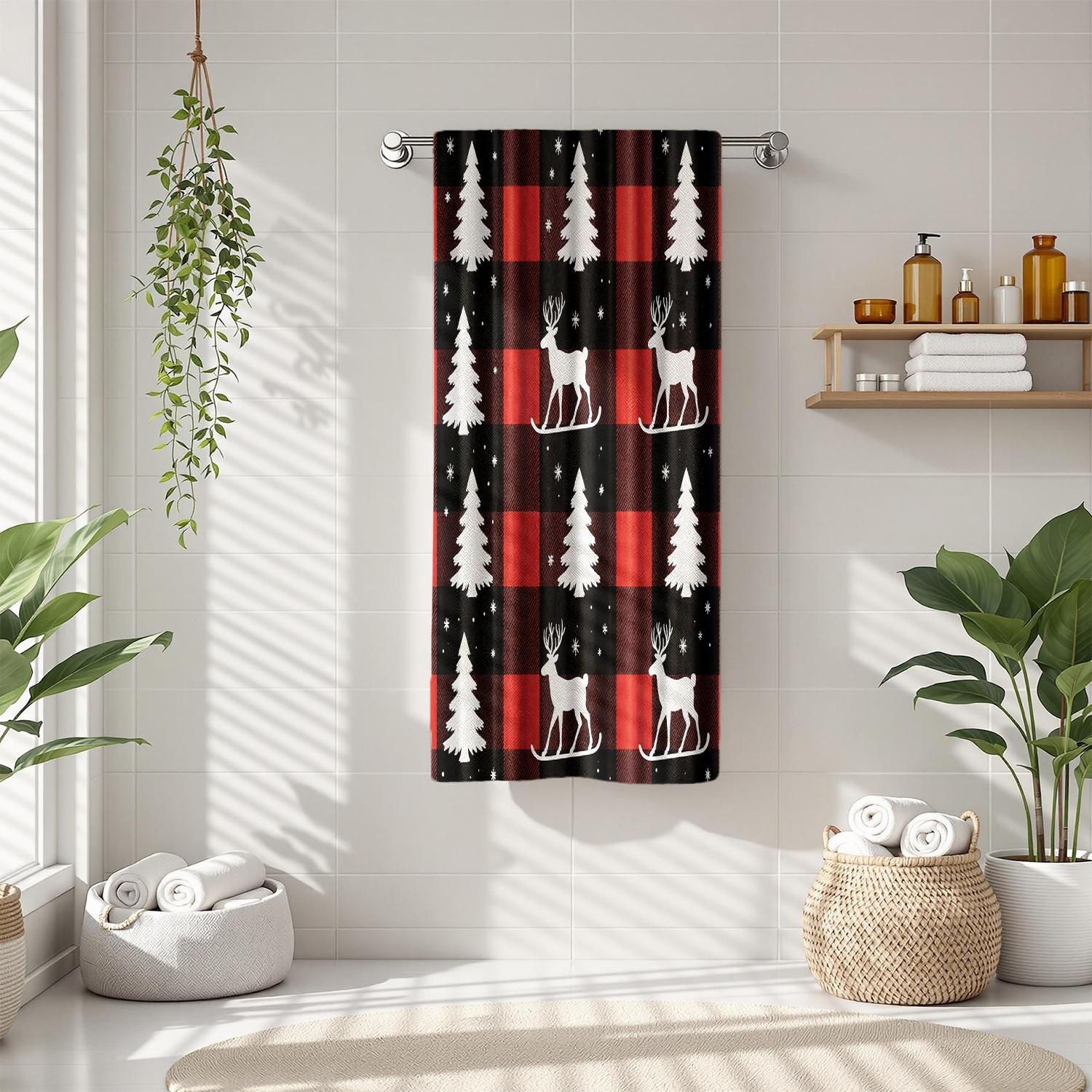 1Pc Christmas themed Buffalo check Fabric with Trees and Reindeer Bathroom Hand Towel Bath Towel, Multiple Size Microfiber Towel, Ultra-Soft Quick Dry and Absorbent Polyester Large Bath Towel, Kitchen Towels, Festiv
