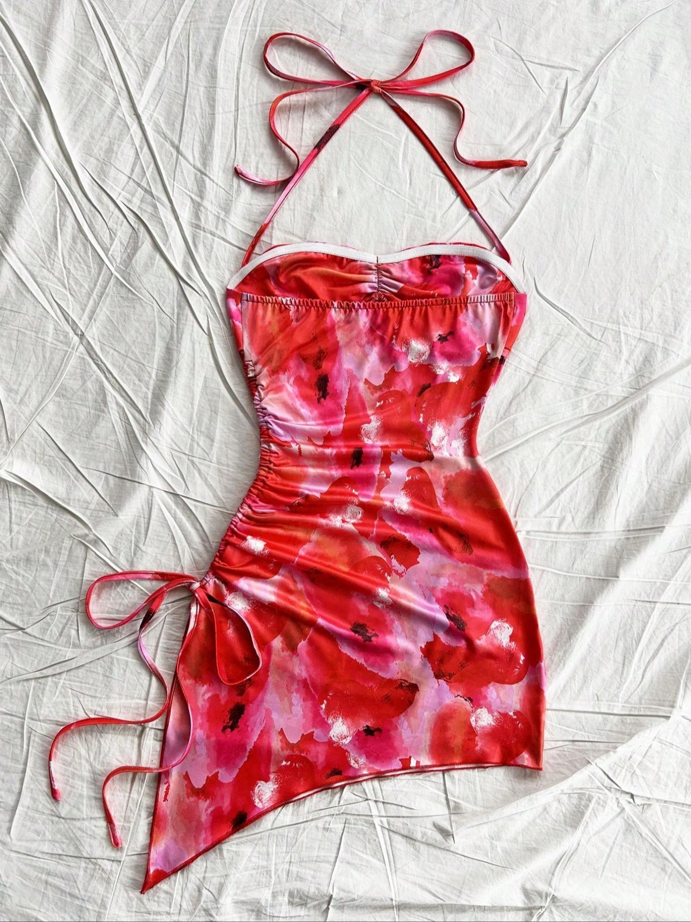 Women's All Over Print Ruched Drawstring One-piece Swimsuit, Casual Fashion Backless Tie Front Halter Swimwear for Beach Holiday Vacation, Ladies Swimsuit for All Seasons