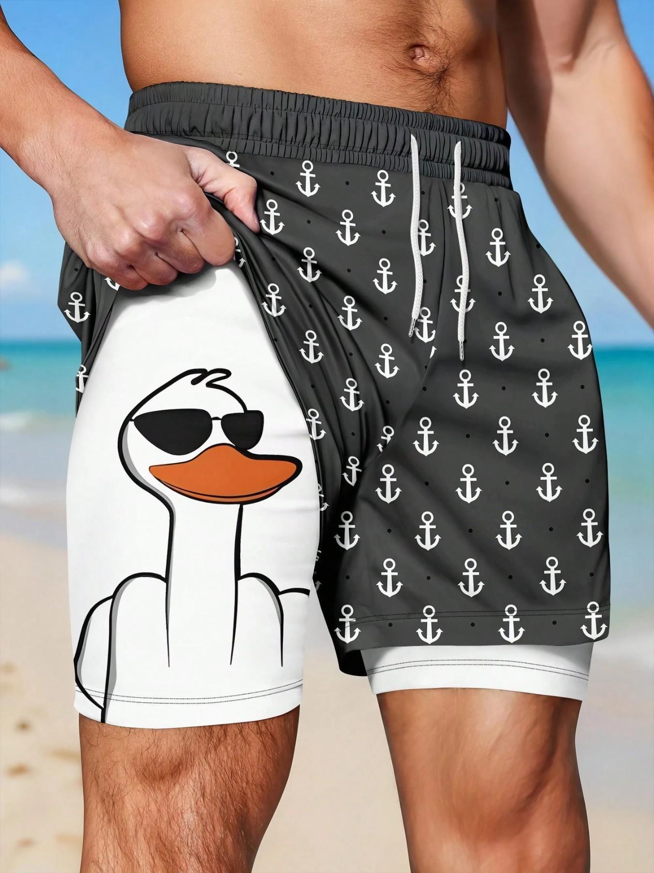 Men's 2-in-1 Quick-Dry Beach Shorts, Swimwear Shorts, Printed Swim Trunks, Cool Cartoon Duck & Anchor Print Drawstring Casual Summer Swim Trunks, Swimsuit Shorts for Vacation #GLOBAL PICKS