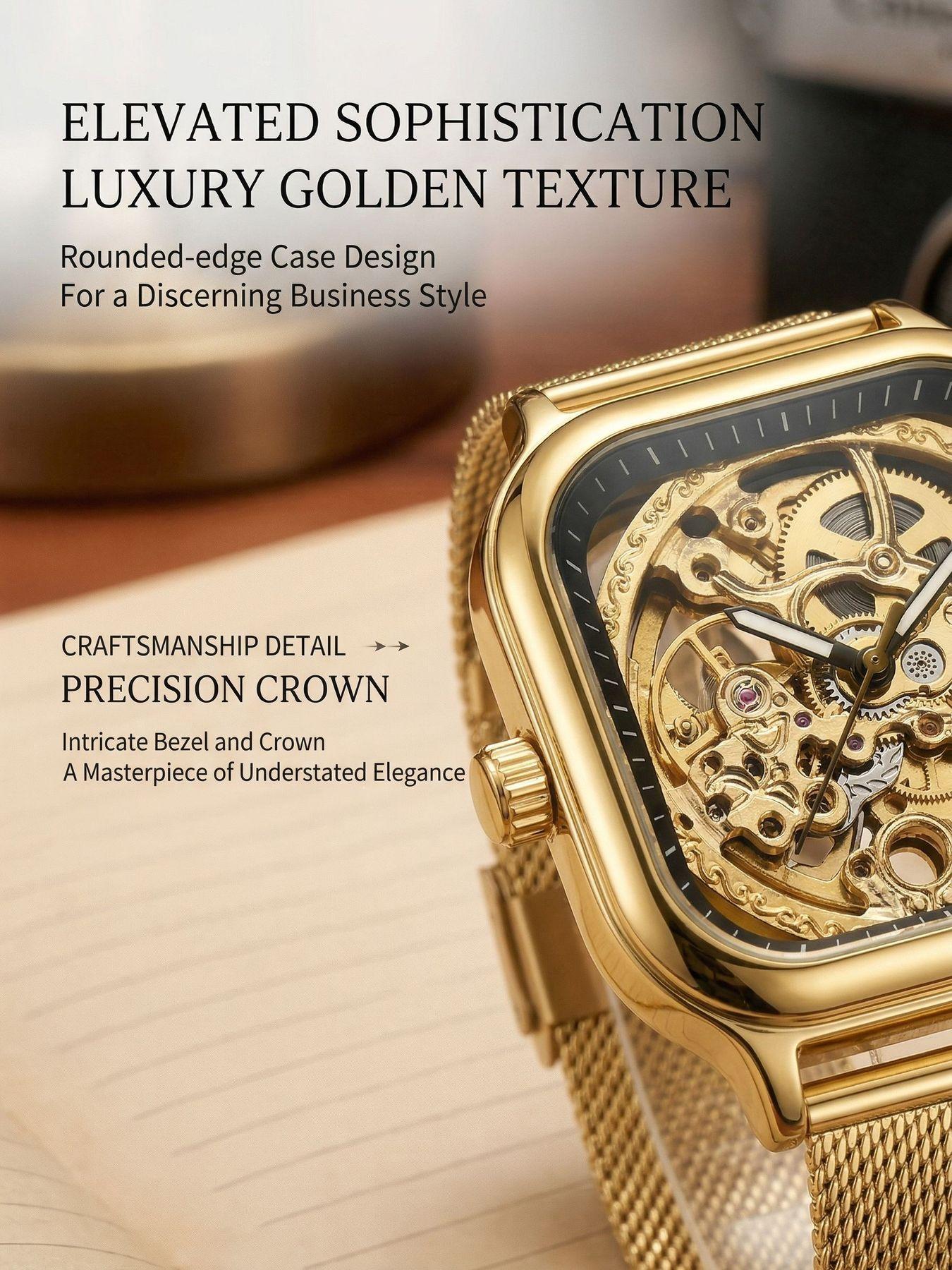 A men's open-work and see-through all-gold square case. Gold engraved movement. Business-style, luxury, trendy and personalized new model. Fully automatic mechanical wristwatch