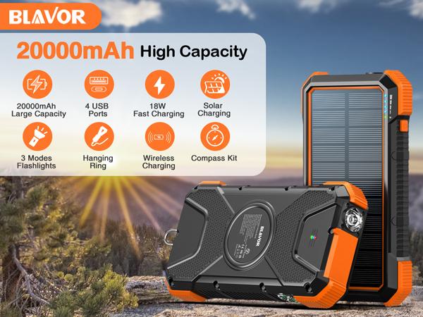 BLAVOR Solar Power Bank QC3.0 Fast Charging 10W Wireless Charger 20000mAh Solar Powered Powerbank with Type C Input/Output, IPX5 Waterproof, Camping Flashlight, Compass, Carabiner