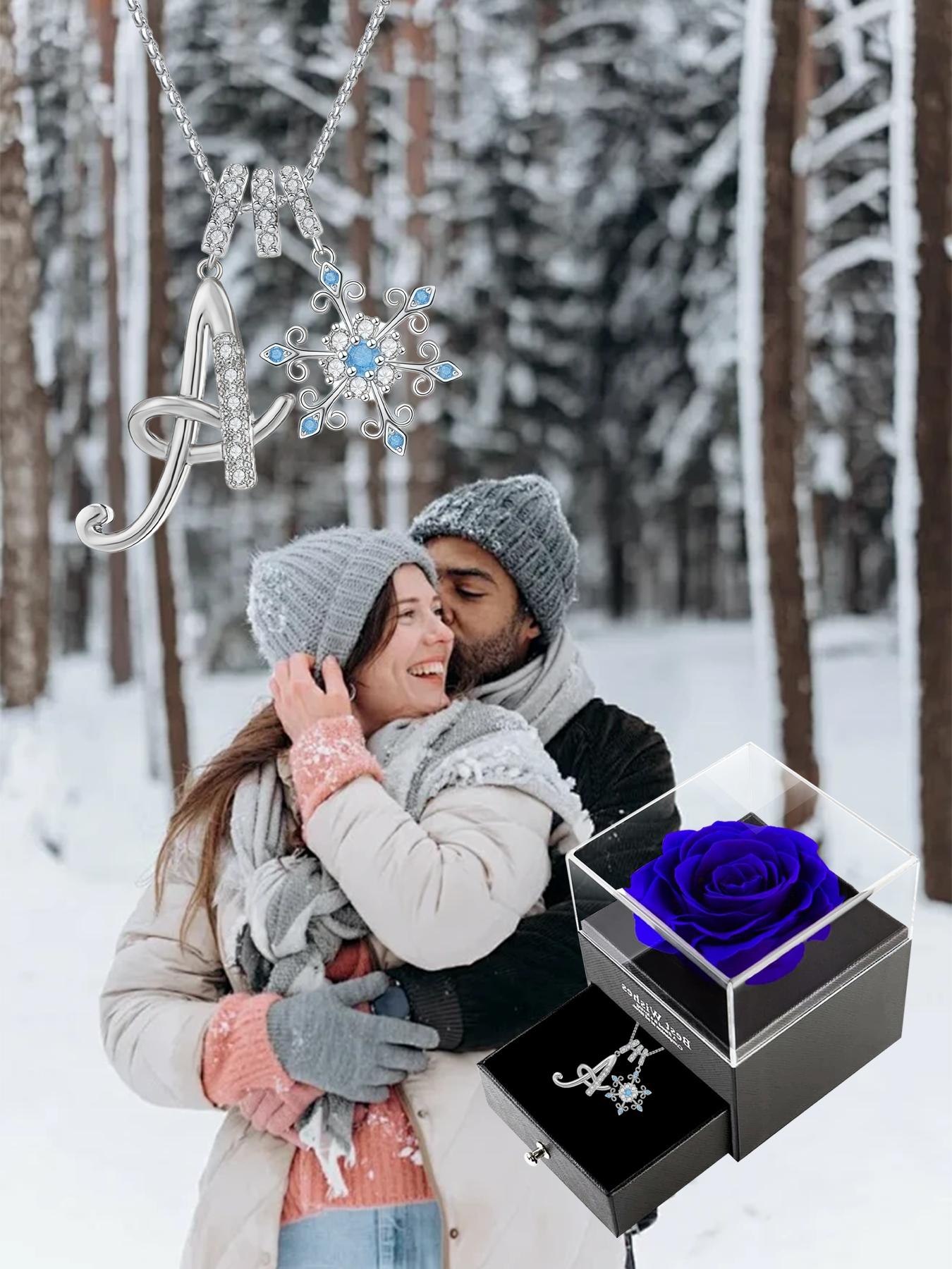 Snowflake Initial Necklace with Blue Rose Jewelry Box, Included Jewelry Box, Letter Pendant for Women, Birthday Christmas Gift for Wife Mom Girlfriend Daughter