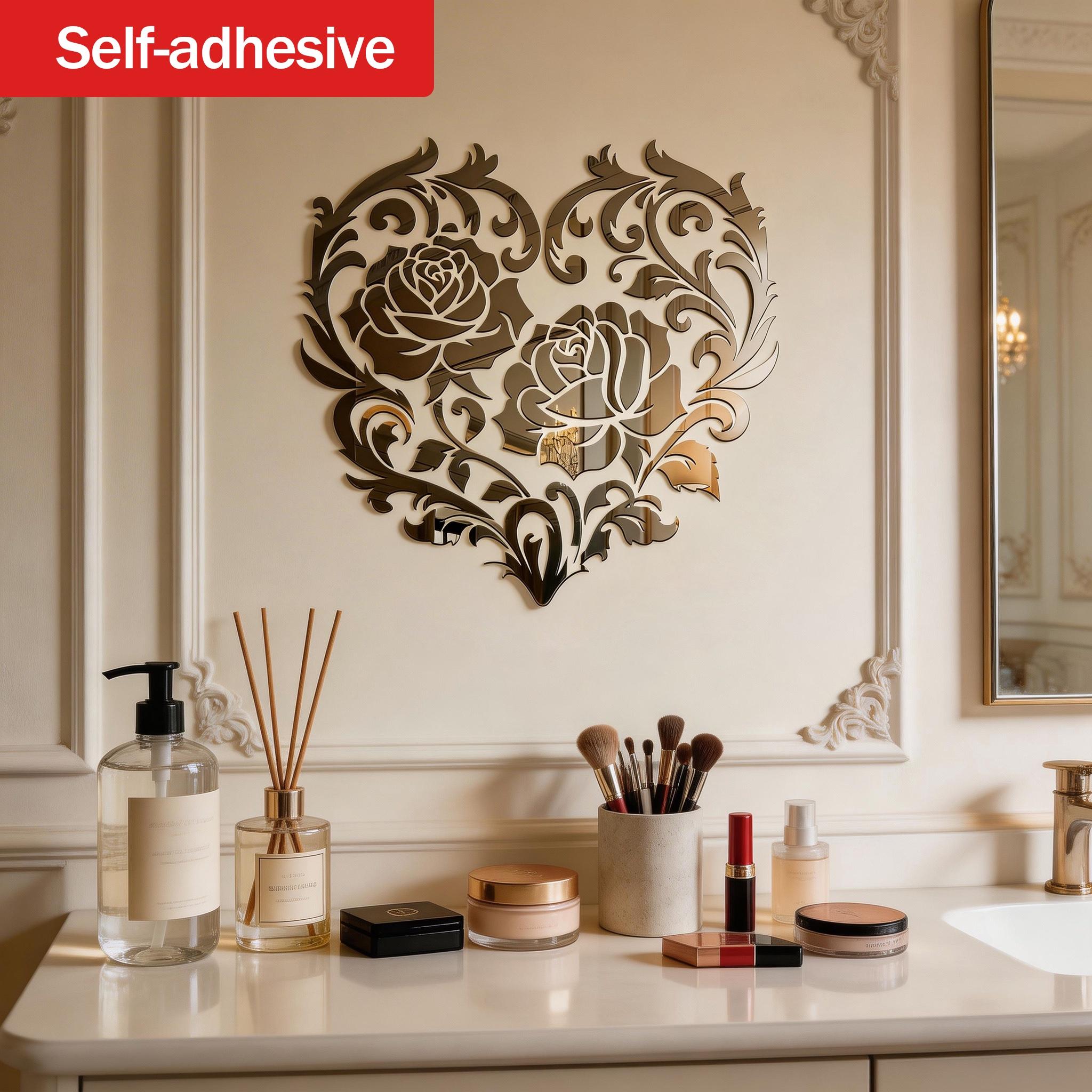 Mirror Rose Heart Art Self-Adhesive Wall Hanging Makeup Mirror, Romantic Decorative Wall Mirror for Living Room Bedroom, Luxury Atmosphere
