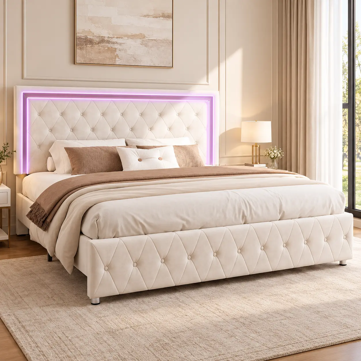 Twin/Full/Queen upholstered platform bed frame with LED lights, bed frame with button-tufted adjustable headboard, no box spring required, available in black, cream, light gray and white