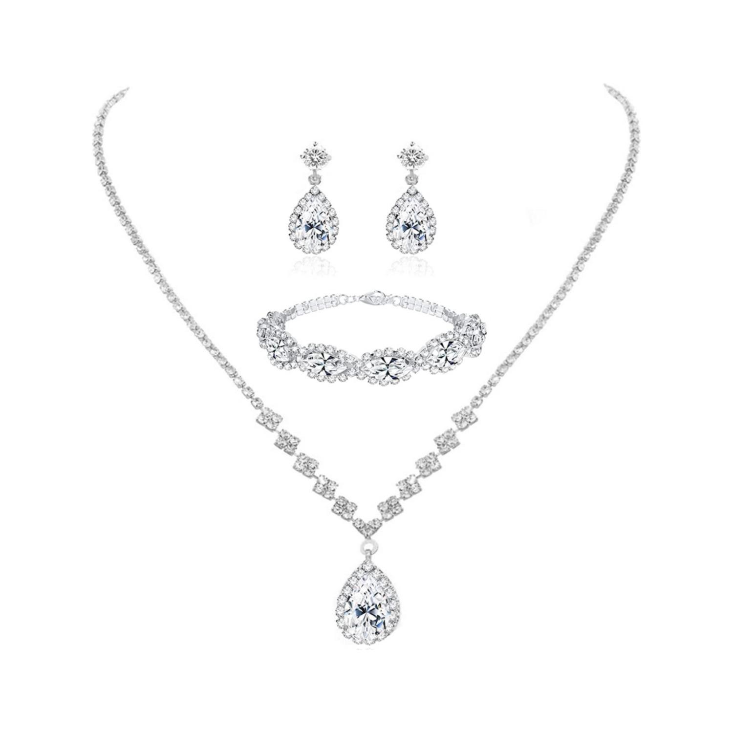 One Set Silver Bridal Jewelry Set Rhinestone Necklace Bracelet Dangle Earrings for Bride Bridesmaid Teardrop Pendant Crystal Wedding Prom Jewelry Accessories for Women