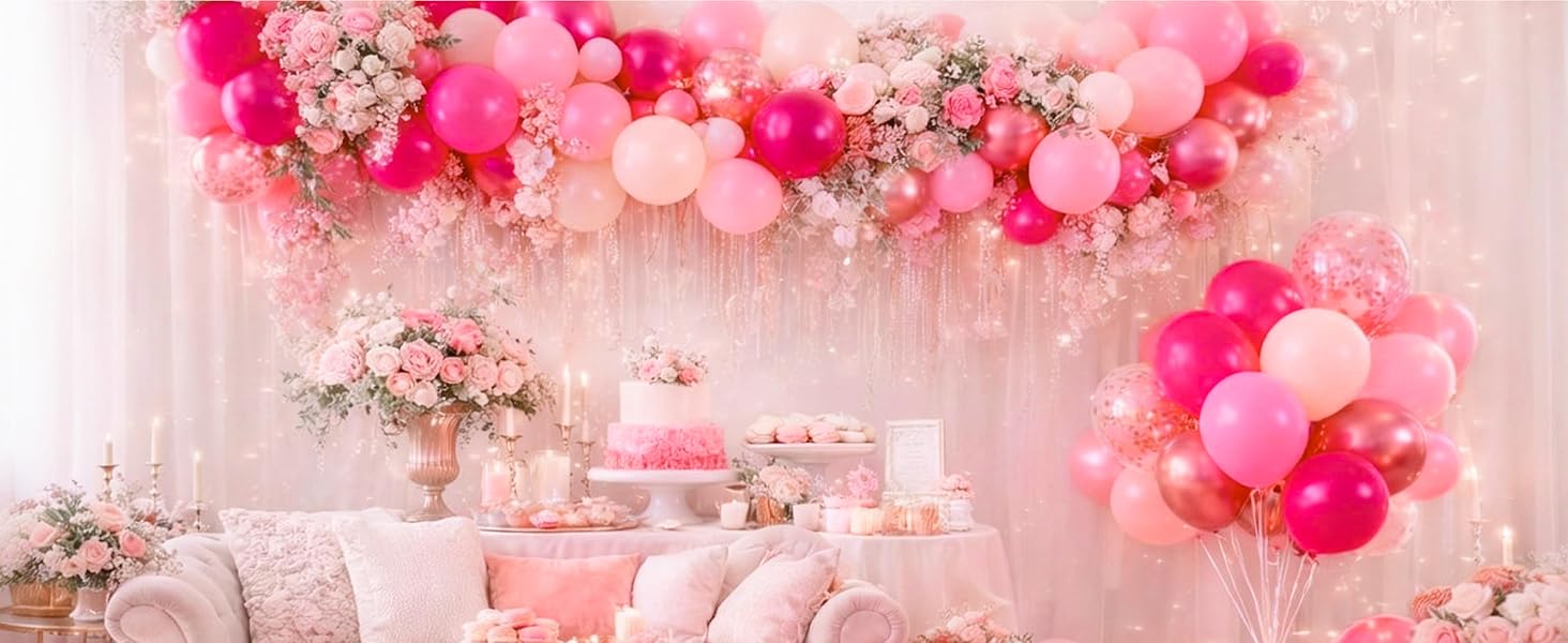 66-Pc 12-Inch Thick Light Pearl Metallic Pink Latex Balloon Set - Mauve, Magenta, Fuchsia, Hot Pink, Confetti, Floatable for Wedding, Princess Theme Balloon Decor, Birthday, Anniversary, Graduation