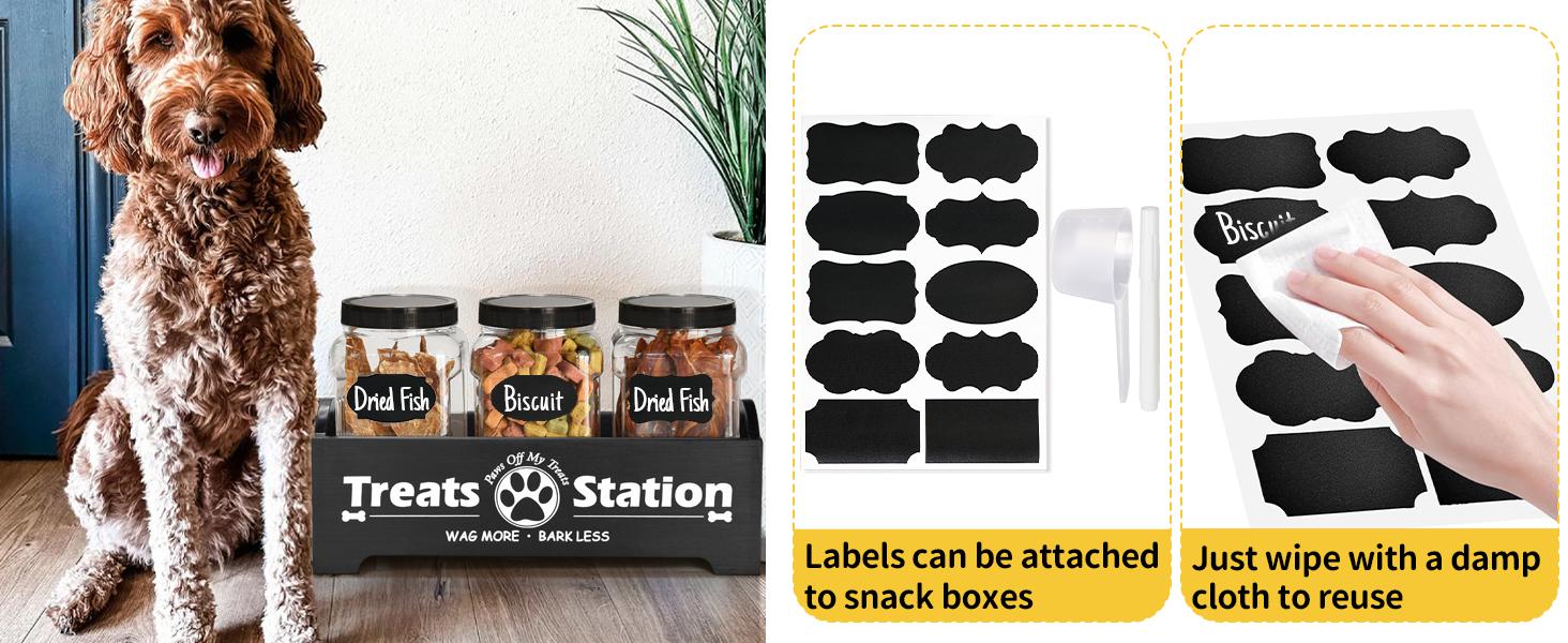 Dog Treat Container Dog Food Storage Container for Countertop, Cat Food Storage Container with 3 Plastic Dog Treat Jar, Dog Food Storage Container for Dog and Cat, Black Wooden Dog Food Container