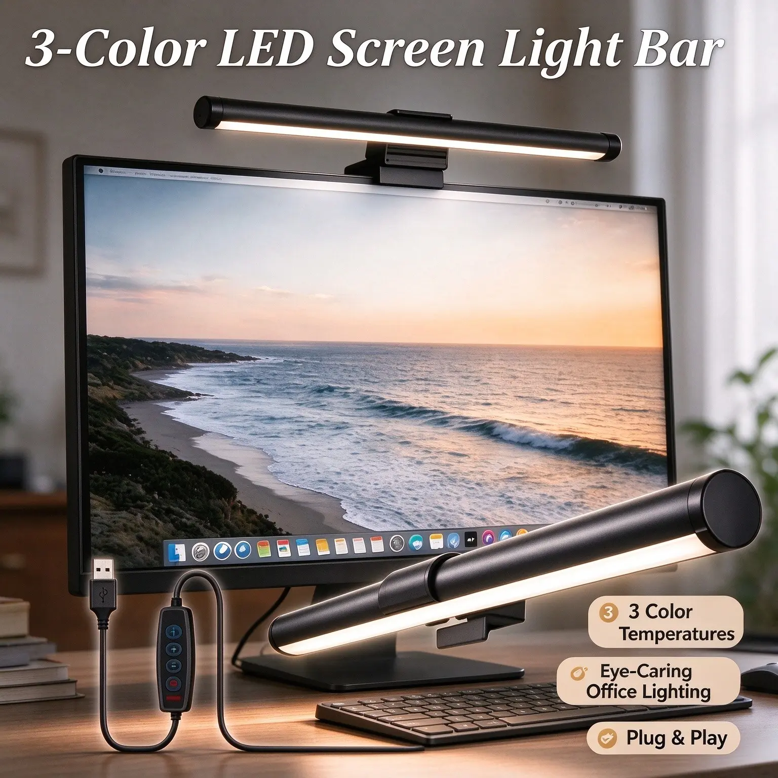 Computer Monitor Light Bar, Auto Dimming Screen Lamp, Eye-Caring LED Task Lighting, Touch Control Desk Lamp, No Glare, Home Office Use