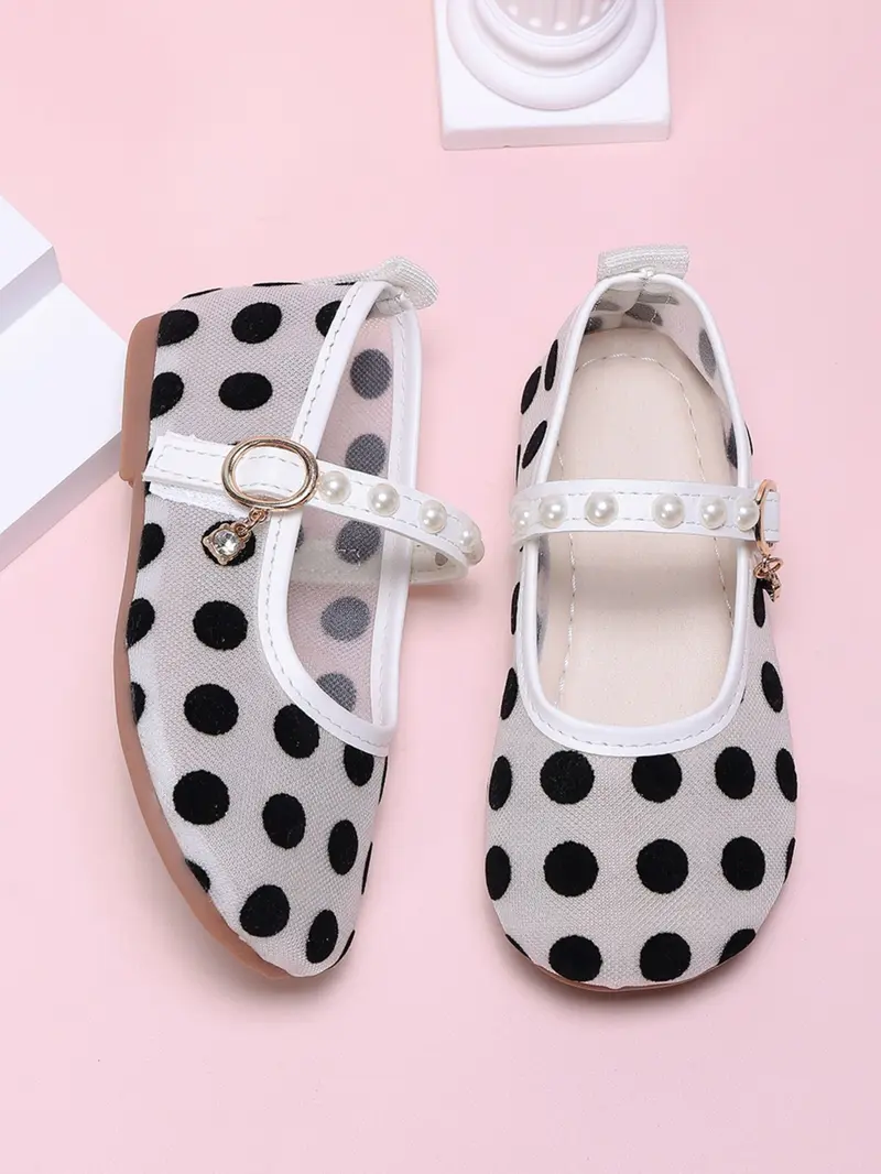 New Kids Polka Dot Mary Jane Shoes, Sweet Princess Style, Pearl Decor, Rhinestone Pendant, Easy Velcro Flat Shoes, Fashionable, Suitable for Vacation, Picnic, Daily Wear