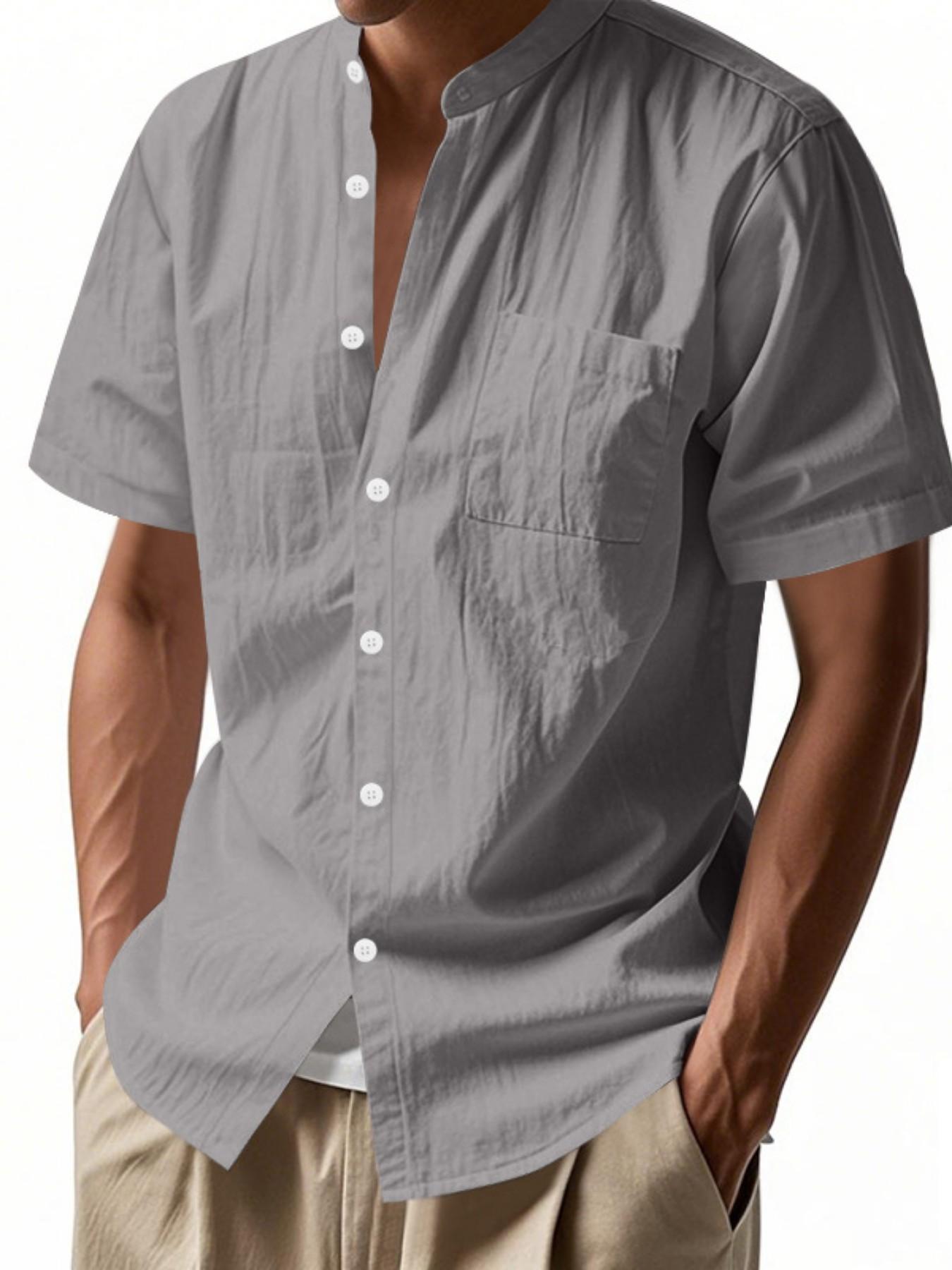 Men's Stand Collar Short Sleeve Shirt, Textured Half Button Front Chest Pocket Top, Breathable Casual Business Versatile Blouse