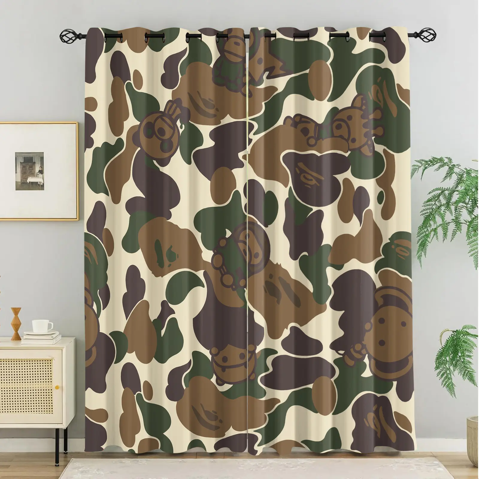 2-Pack Camouflage Print Blinds, Bape'S Iconic Ape Head Pattern Blackout Blinds, Grommet Blackout Curtains, Trendy Street-Style Children'S And Teenagers' Bedroom Blinds, Machine Washable, 2-Pack.