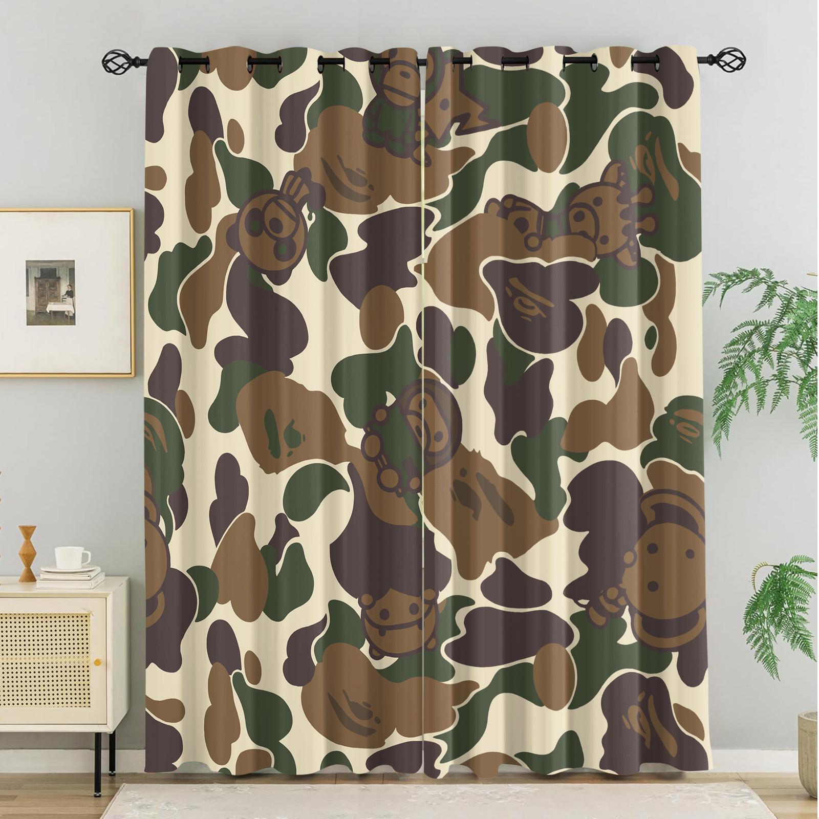 2-Pack Camouflage Print Blinds, Bape'S Iconic Ape Head Pattern Blackout Blinds, Grommet Blackout Curtains, Trendy Street-Style Children'S And Teenagers' Bedroom Blinds, Machine Washable, 2-Pack.