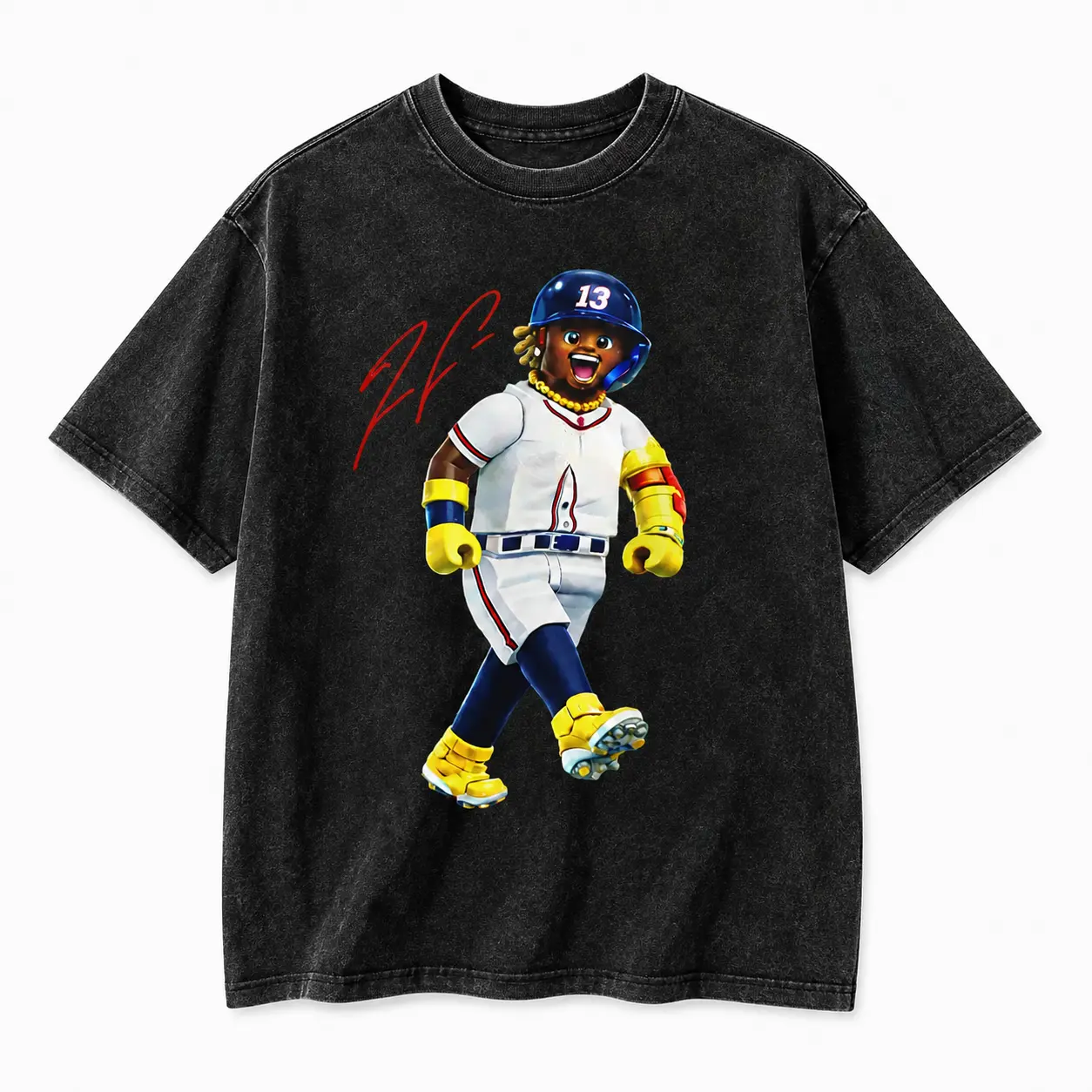 # 13 Baseball Player Lego Style Cartoon Portrait Signature Graphic T-Shirt, White Baseball Uniform Figure Print White Short Sleeve Tee, Baseball Fan Gift