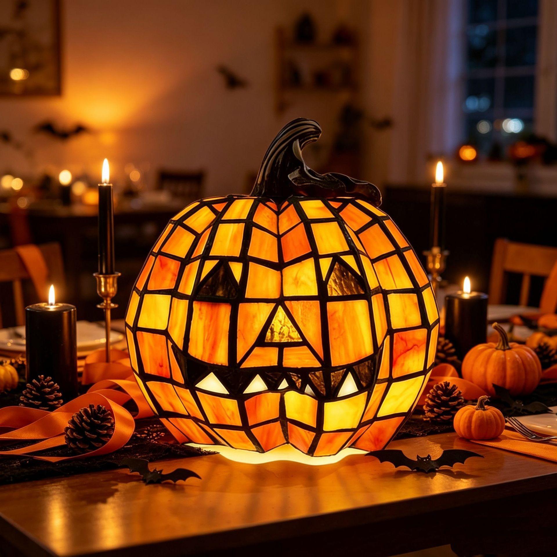 Tiffany Style Halloween Pumpkin Light-Up Decoration, Glowing Pumpkin Ornament for Halloween, Festive Pumpkin Lamp for Home Decor