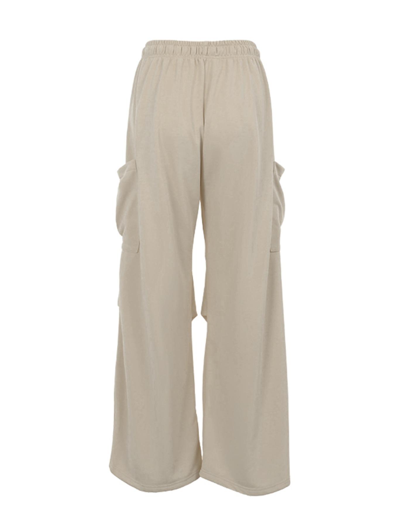 Women's Plain Drawstring Waist Cargo Pants, Casual Pocket Wide Leg Trousers for Daily Wear, Ladies Bottoms for All Seasons