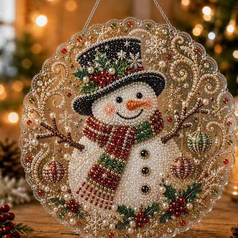 Christmas Pearl Diamond Painting Kit, Handmade, 10 Inch, Pre-Assembled Metal Chain, Acrylic Round Board with Lace Edge, 3D Pearls, Holiday Decor