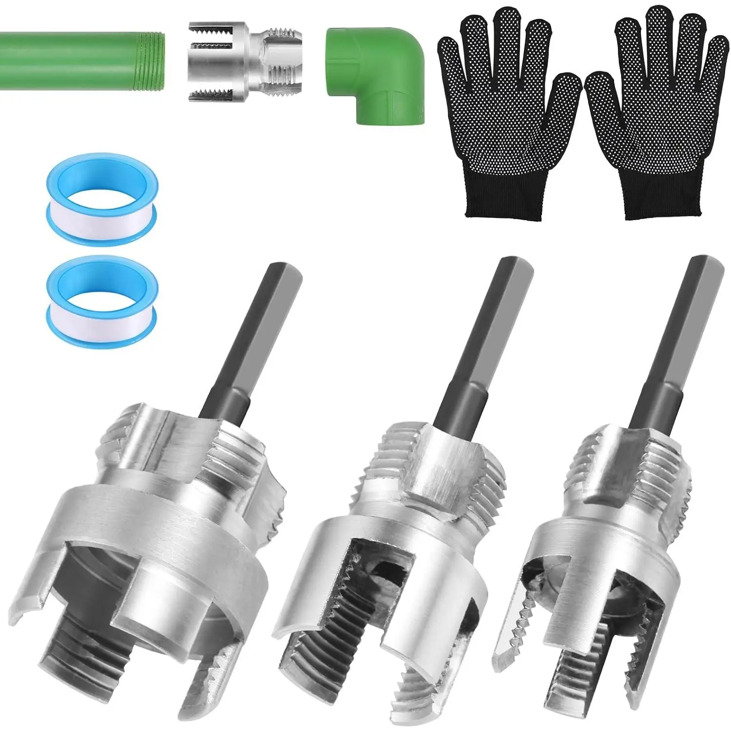 3 count PVC Pipe Threader Tool,Integrated Internal & External Pipe Threading Tool for 1/2" & 3/4"& 1" PVC/Plastic Pipes,Extension Bar & Sealing Tape& Gloves