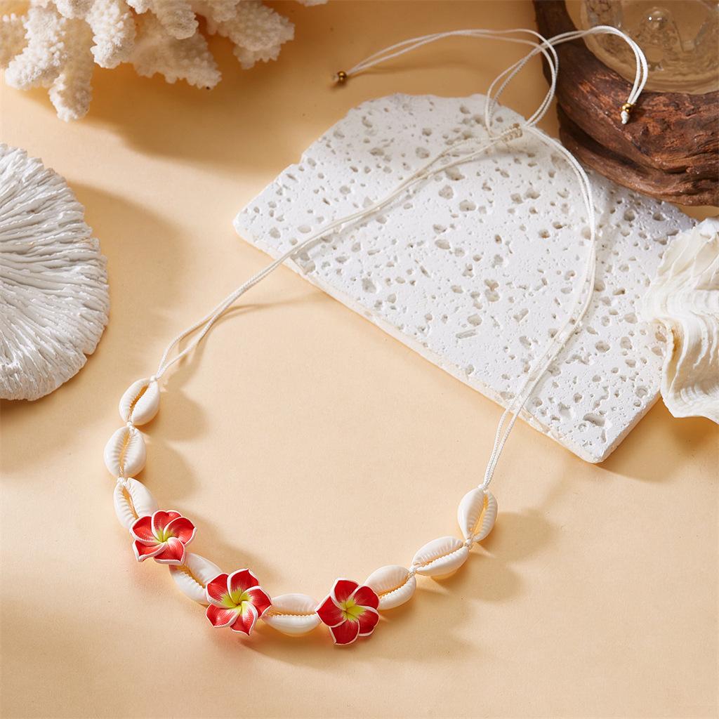 Boho Beach Necklace for Women Handmade Shell and Hibiscus Flower Pendant Summer Vacation Jewelry Tropical Resort Accessory Lightweight Bohemian Style Necklace
