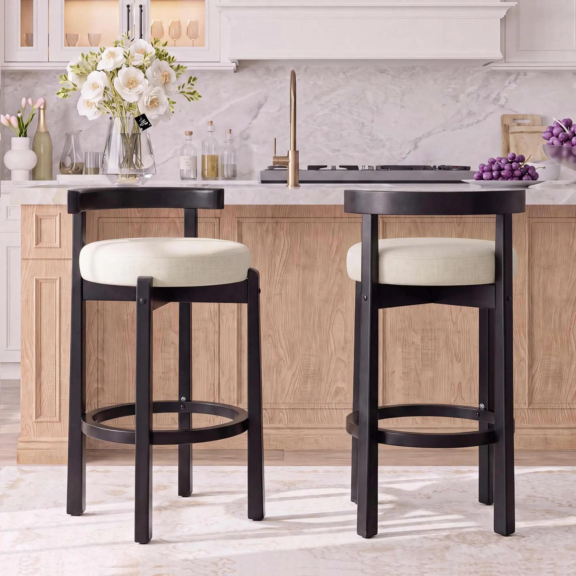 2 Pack Counter Height Bar Stools, Upholstered Kitchen Island Chairs with Curved Backrest, Modern Bar Chairs for Breakfast Bar, Home Bar & Small Apartment