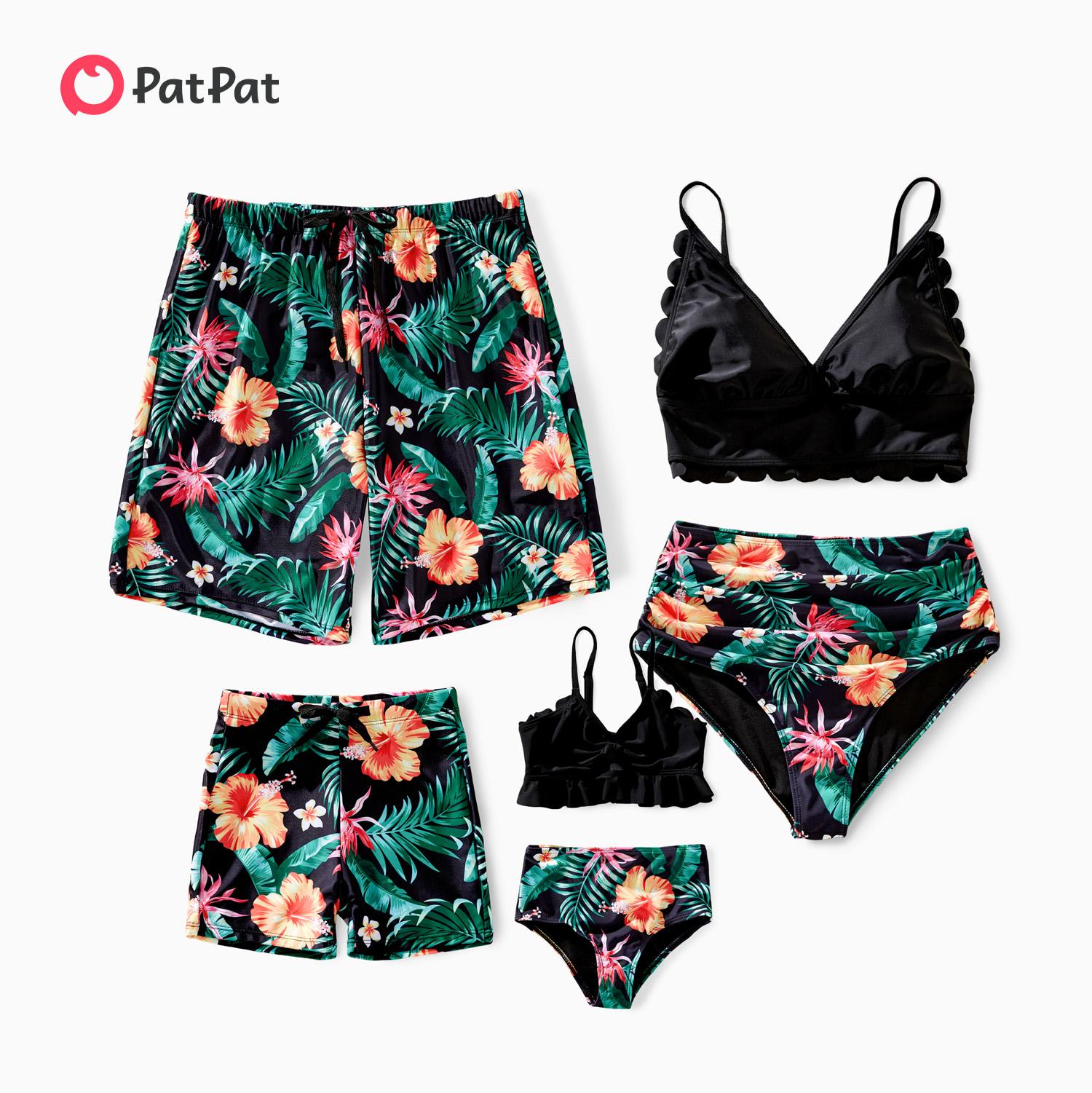 PatPat Swimsuits Tummy Control High Waisted Two-piece Full Support Family Matching Swimwear and Allover Floral Print Swim Shorts Bathing Suits Spring Break Spingtok