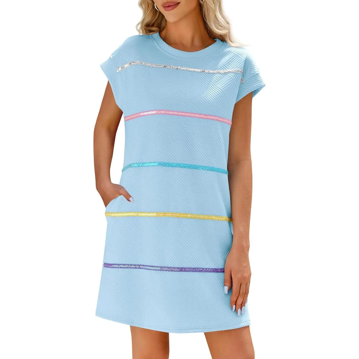 Imily Bela Womens Textured T Shirt Dress Short Sleeve Summer Casual Sequin Stripe Mini Dresses