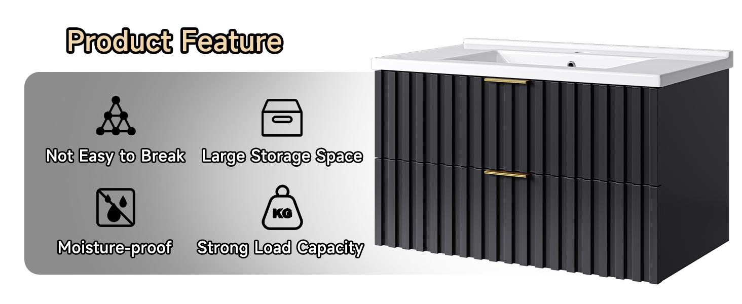 【SPOTLIGHT DAY】ONBRILL 30/36 Inch Bathroom Vanity with Sink Combo, Floating Bathroom Vanity with 2 Fluted Drawers & Metal Handle, Modern Wall Mount Storage Cabinet with Ceramic Integrated Sink for Small Space