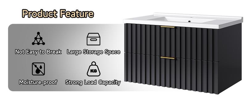 【Valentine's Day gift】ONBRILL 30/36 Inch Bathroom Vanity with Sink Combo, Floating Bathroom Vanity with 2 Fluted Drawers & Metal Handle, Modern Wall Mount Storage Cabinet with Ceramic Integrated Sink for Small Space