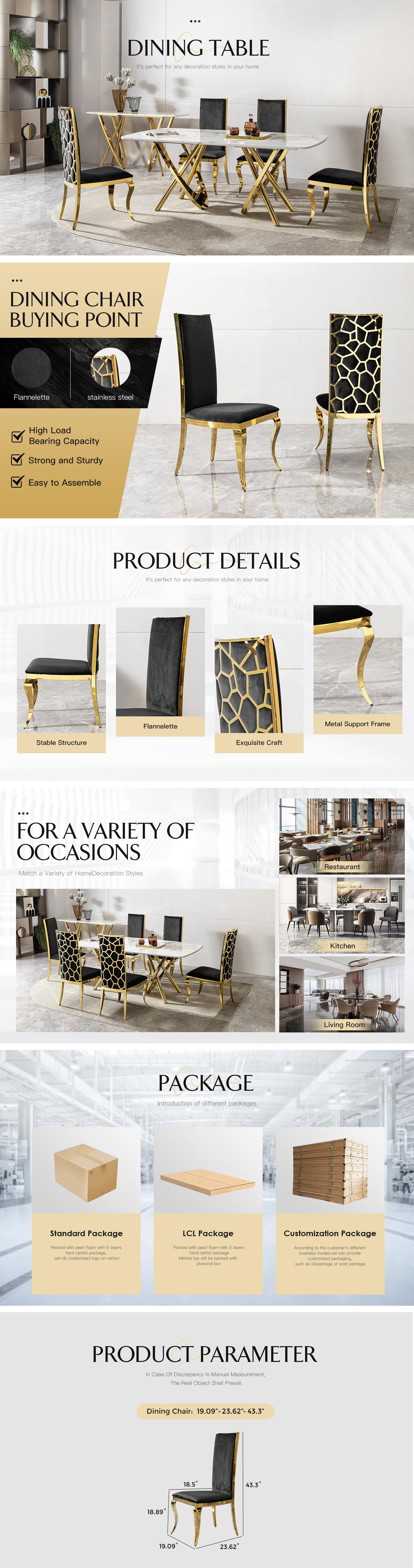 Anti-Rust Durable Dining Chairs Set of 4 - Black Velvet Cushion, Unique Design Backrest, Mirror Gold Stainless Steel Legs for Dining Room, Anti-Rust Dining Chairs