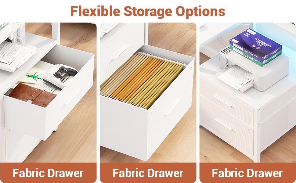 Cyclysio Reversible L Shaped Computer Desk with Fabric File Drawer & Monitor Stand, Home Office Desk Corner Desk with Power Outlet ＆ Storage Shelf, Gaming Desk with LED Strip