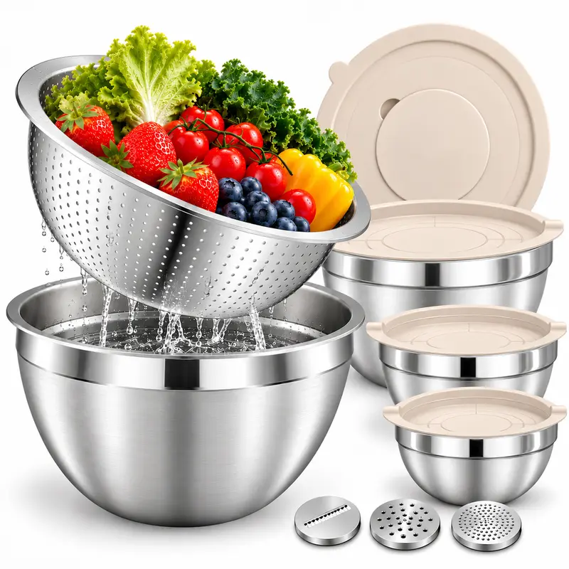 12-Piece Stainless Steel Nesting Mixing Bowls with Lids, Colander and 3 Grater Attachments, Multi-Purpose Kitchen Bowl Set for Baking, Cooking, Food Prep and Storage, Dishwasher & Freezer Safe