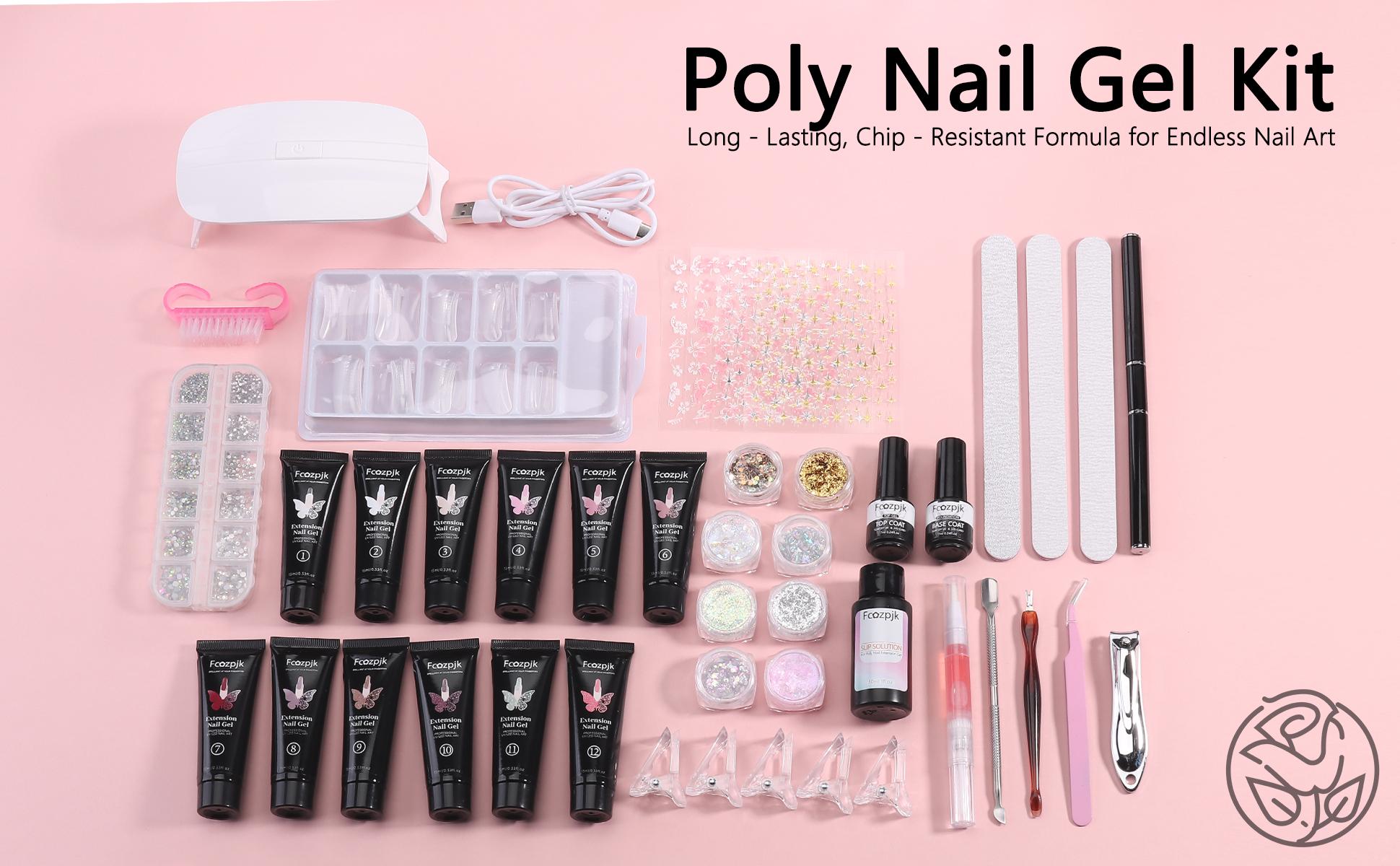 Fcozpjk Poly Gel Nail Kit with UV Light 12Colors Builder Gel Nail Extension Kit for Beginners with Everything Dual Nail Forms Slip Solution   Clipper Gel Brush Pen Chunky Glitter Poly Gel Nail Art Design Starter Kit