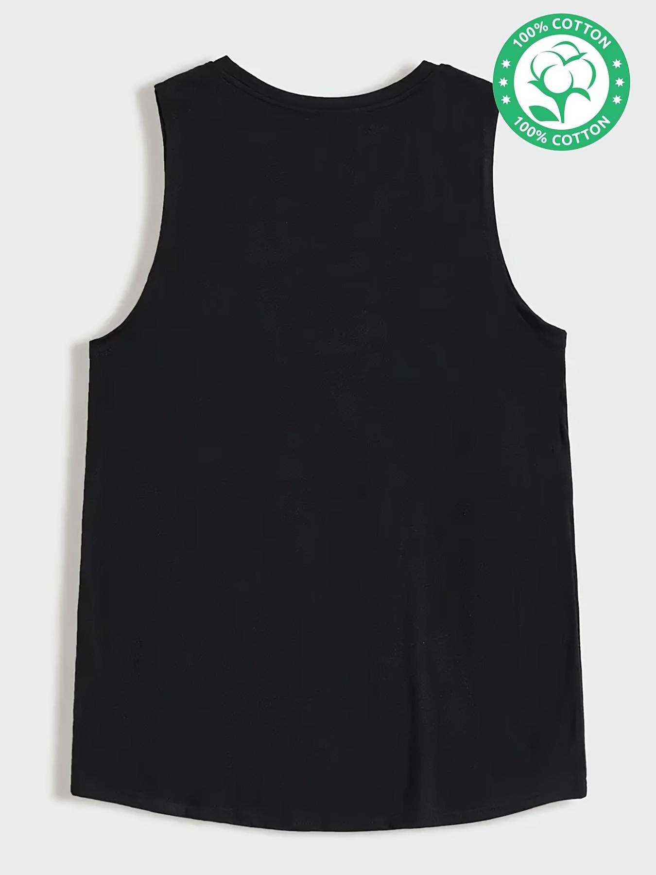 Men's 100% Cotton Sleeveless Palm Tree Print Tank Top, Summer Casual Round Neck Tee, Geometric Pattern Outdoor Clothing