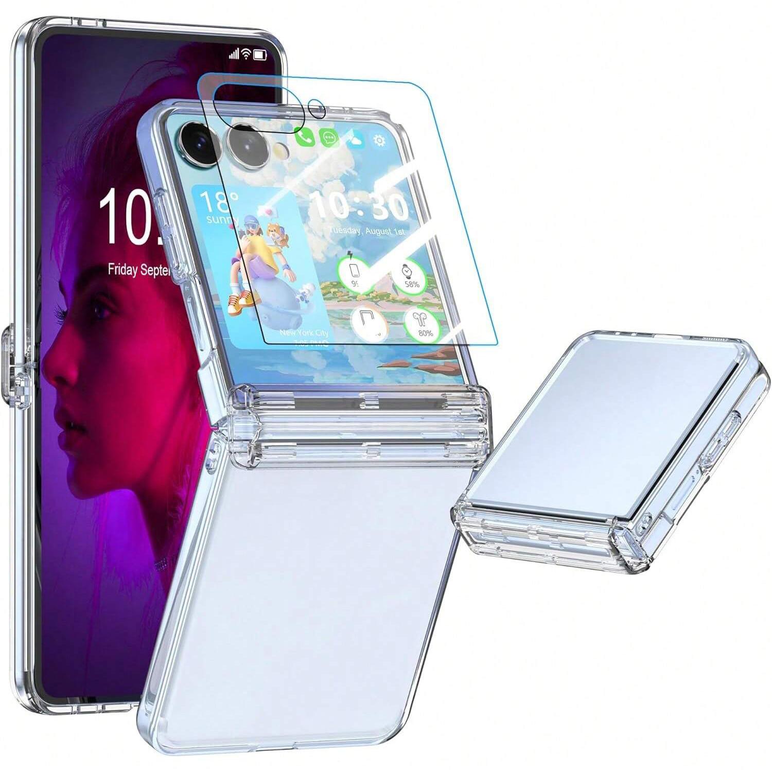 Transparent phone case with hinge protection, protective film, and hard PC back panel to protect the phone. Suitable for Samsung Galaxy Z Flip7, Z Flip7FE, Z Flip6, Z Flip5