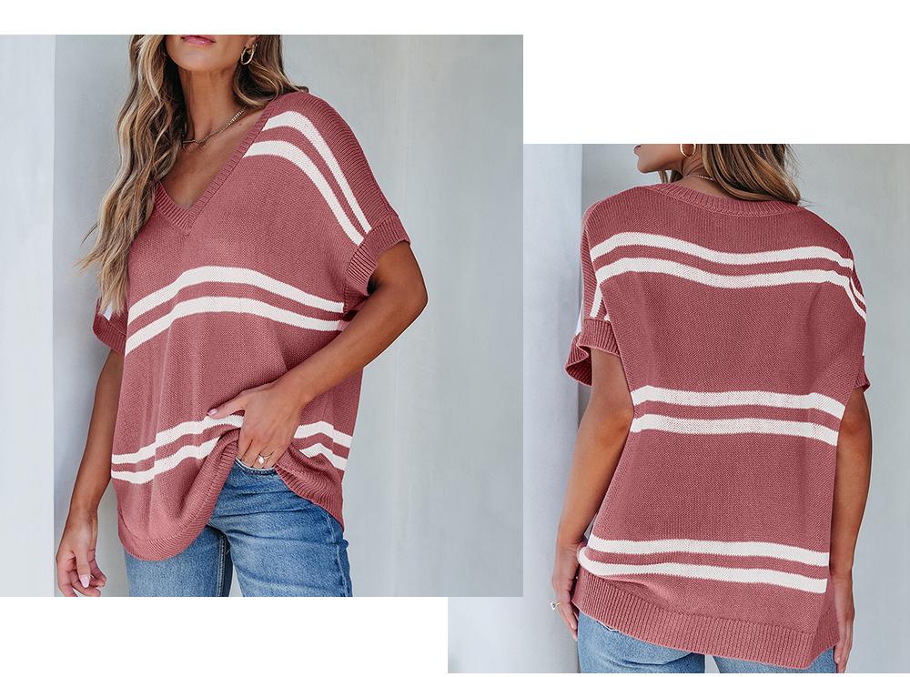 Shewin 2026 Spring/Summer Women's Oversized Knit Sweater Pullover Cozy Striped Crewneck Batwing Sleeve Stretchy Acrylic Top SpringStatements